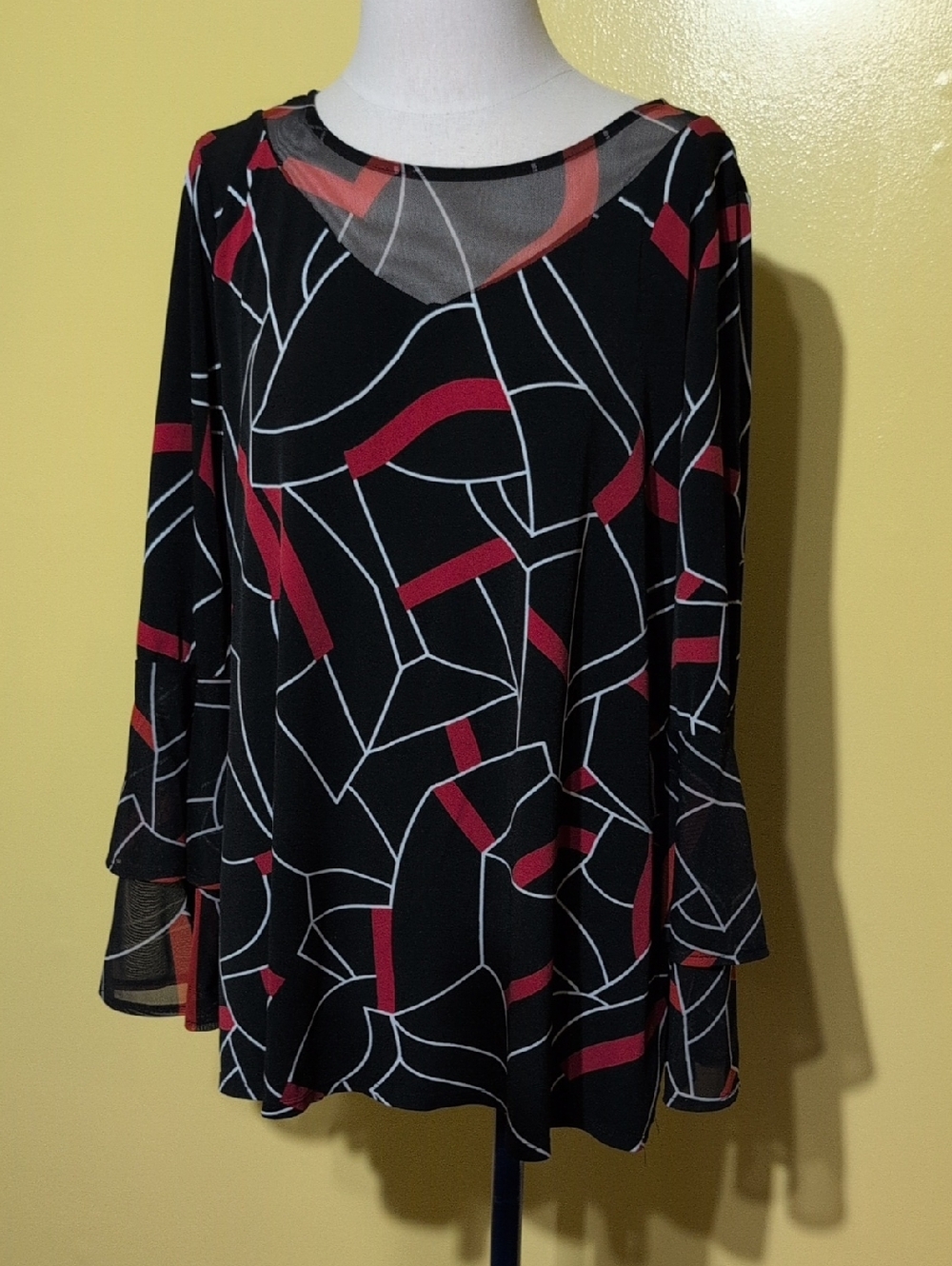 Alfani Black Blouse with Red and White Geometric Pattern